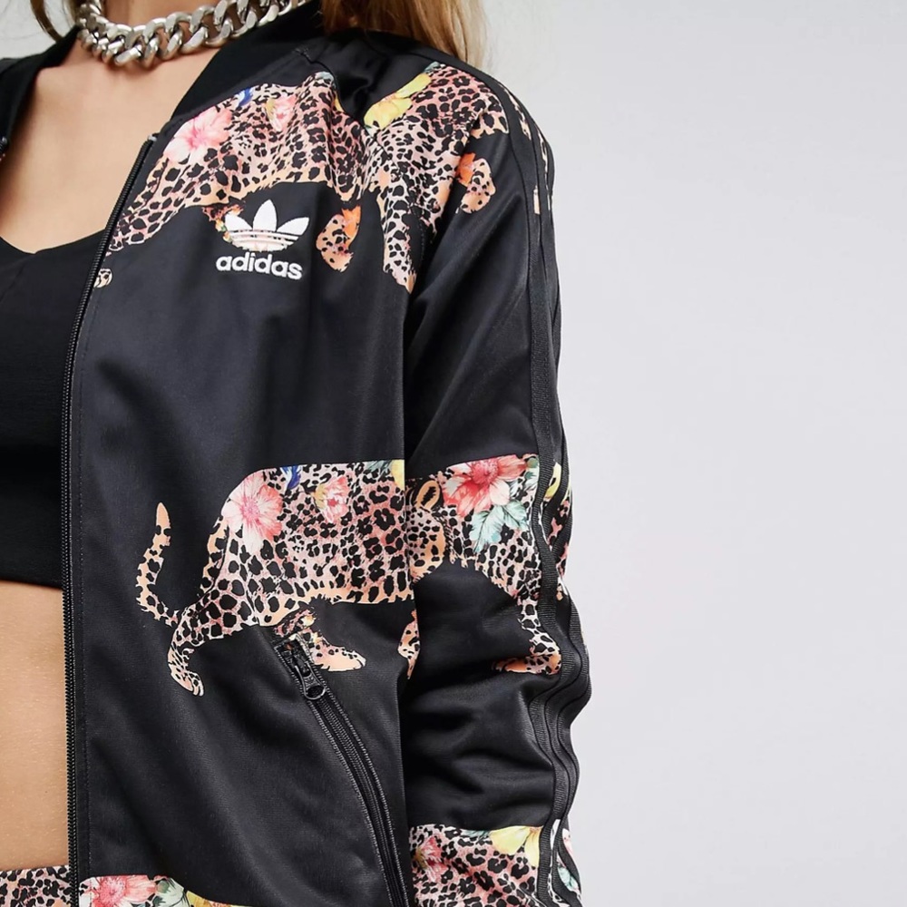 adidas Black Floral Leopard Bomber Jacket - Picture 3 of 11